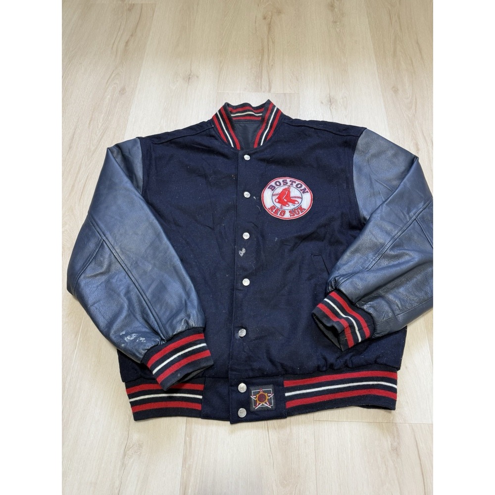 JH Design MLB Boston Red Sox Button Down Wool and Leather Jacket Men Size Medium